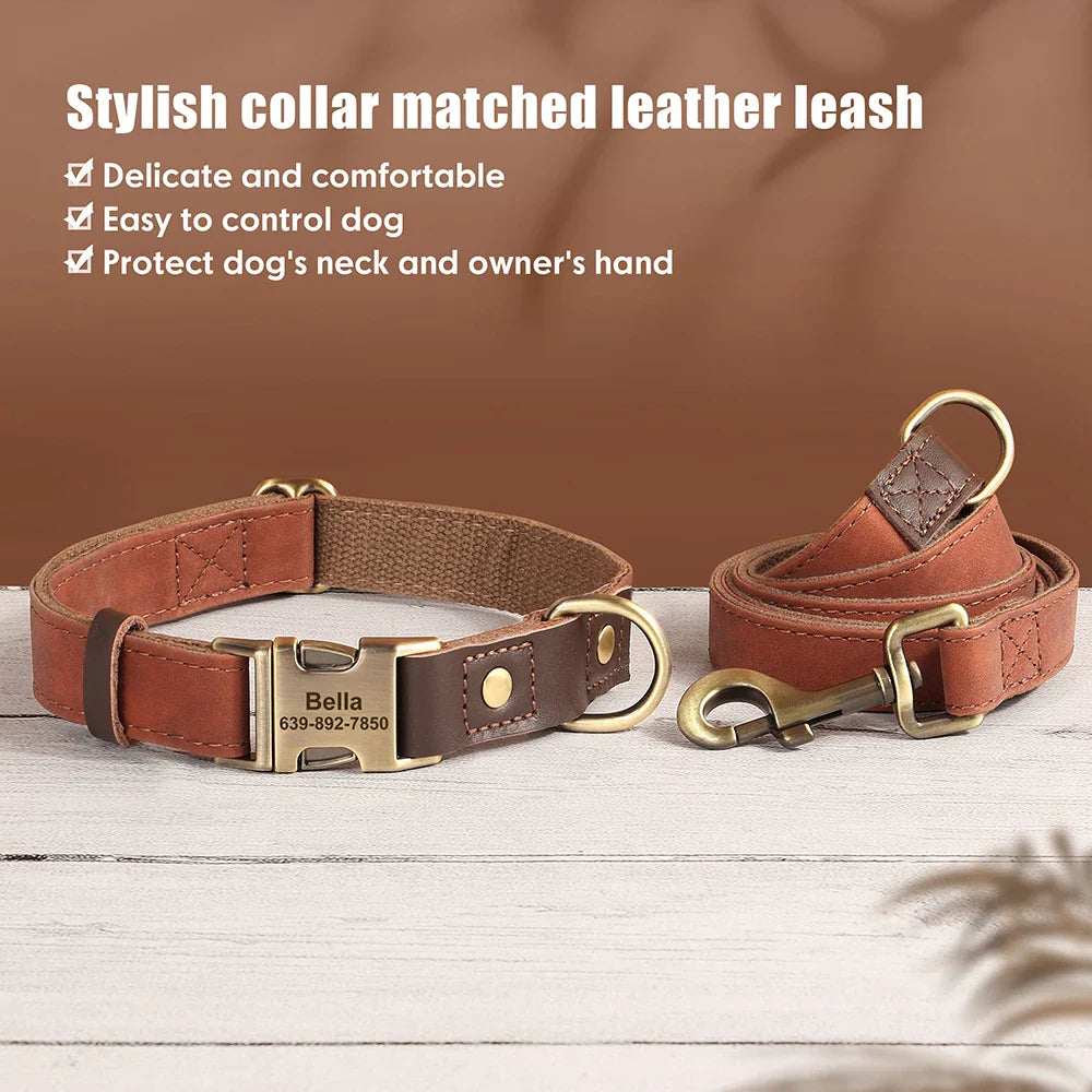Personalized PU Leather Dog Collar and Leash